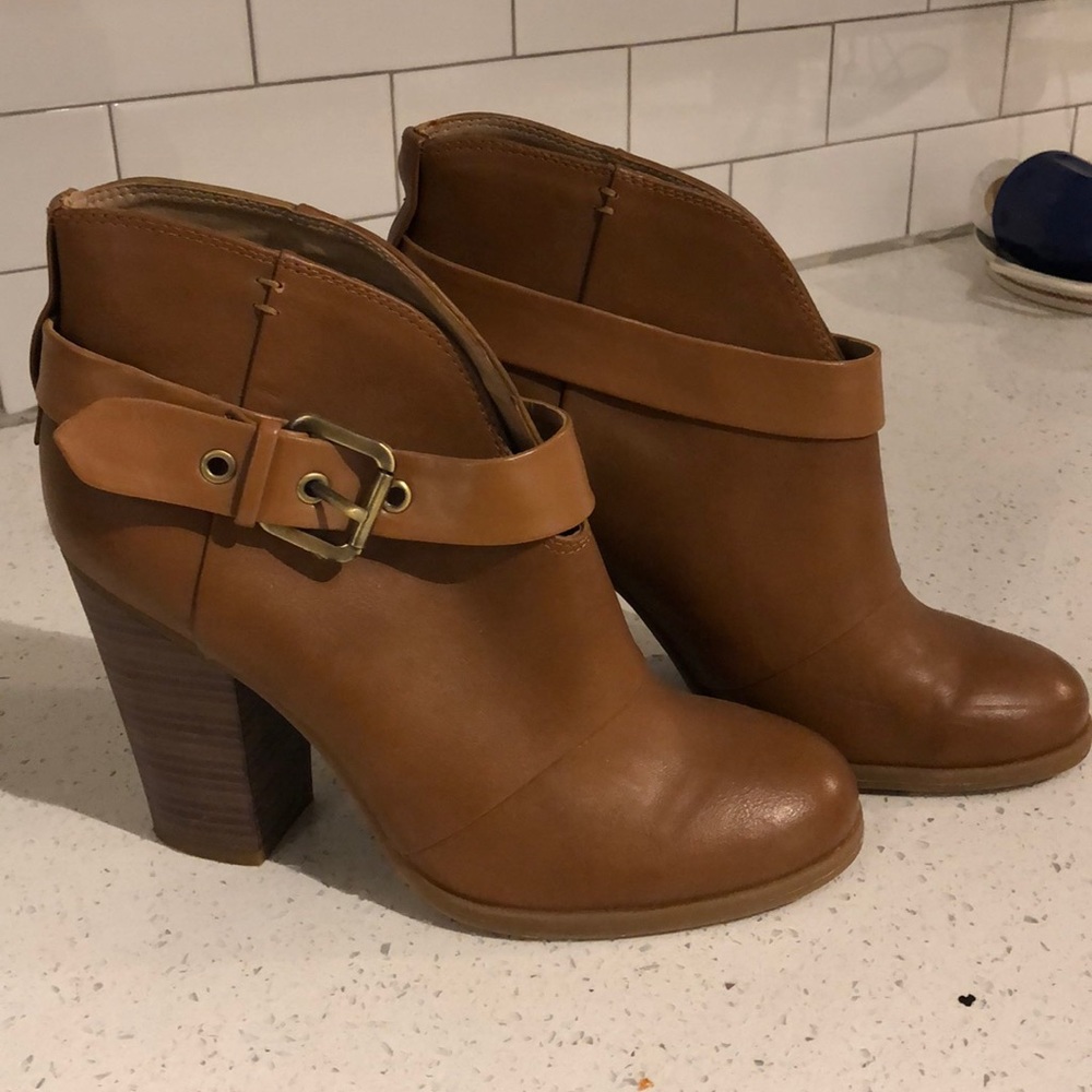 Just fab heeled booties with gold buckle